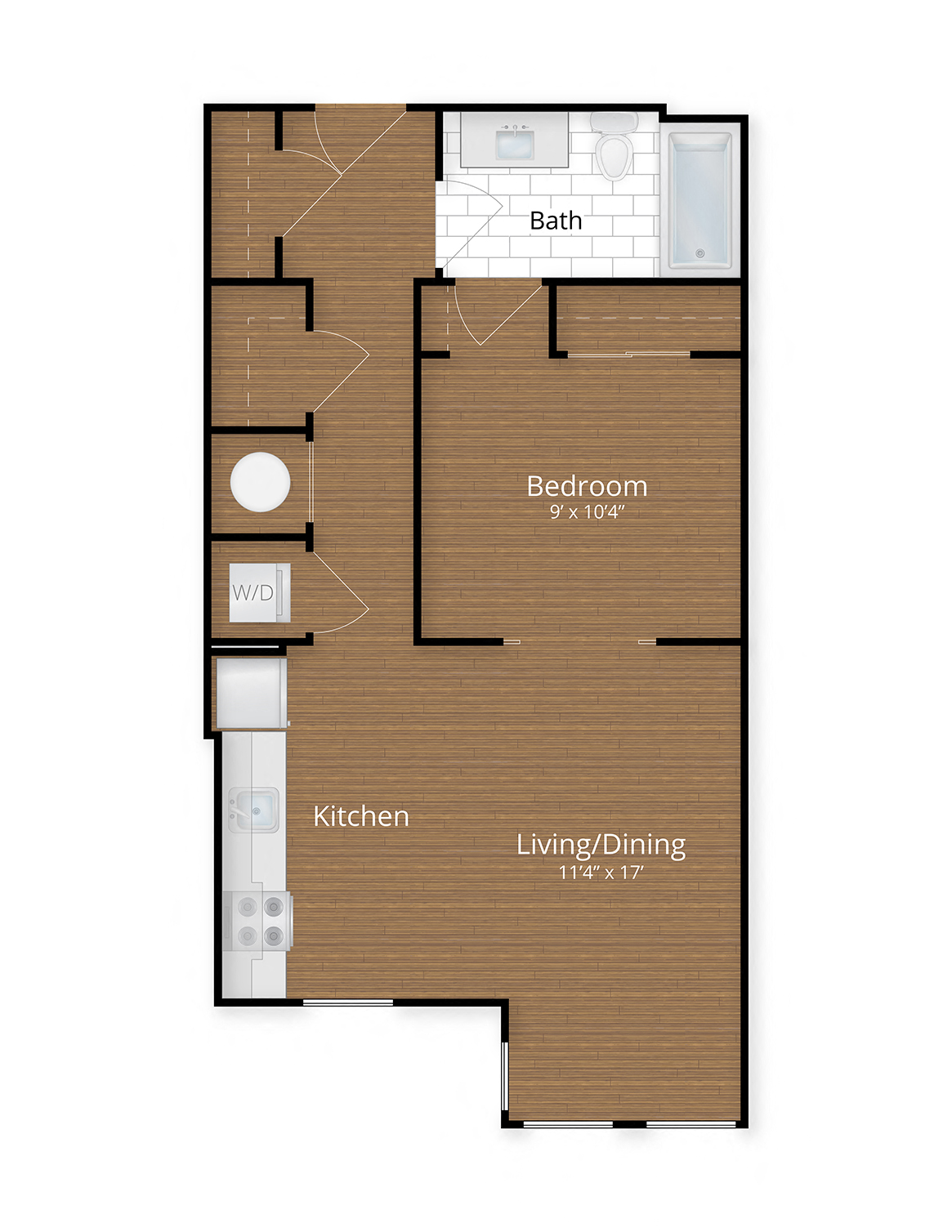 Floor plan for 1 bed, 1 bath, 556 sqft